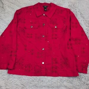 IOS‎ Jacket Womens M Red Denim Button Up  Stretch Sparkle Embroidery Casual